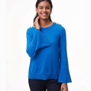 NWOT LOFT Gold Button Shoulder Bell Sleeve Blue Sweater M